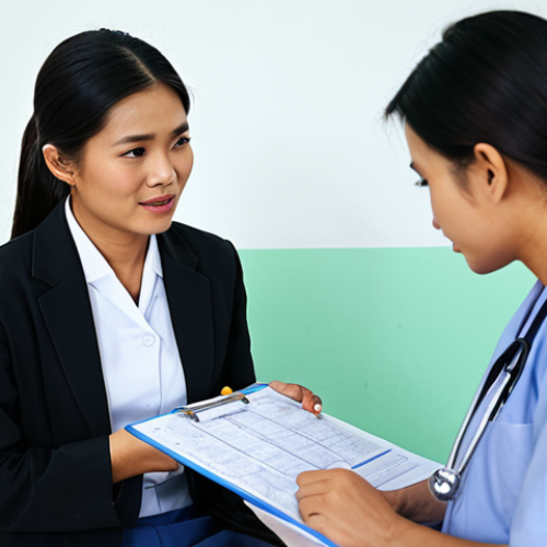 Home 23 Doctor Consultation**
"A Thai woman in her late 20s, fully clothed in modest attire, sitting across from a friendly female doctor in a professional setting at a hospital. The doctor is reviewing medical charts. The scene is well-lit and conveys a sense of hope and professional care. Safe for work, appropriate content, perfect anatomy, professional medical environment."
**
