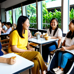Supportive Mom Group**

A group of fully clothed Thai mothers sitting comfortably together in a brightly lit, modern cafe, sharing stories and smiling. Babies are nearby in strollers or carriers. The scene emphasizes friendship, support, and connection. Appropriate attire, family-friendly, safe for work, perfect anatomy, natural poses. High quality, professional photography.

**