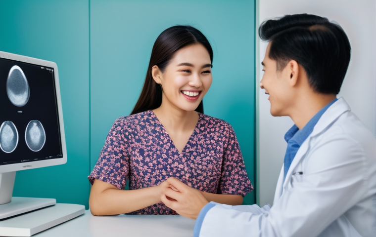 산부인과에서 시행하는 초음파 검사 종류 - **Prompt:** A heartwarming scene in a bright, modern clinic. A Thai couple, a pregnant woman in a mo...