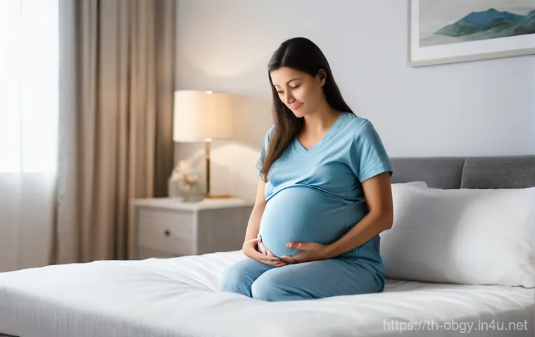 임신 중 태동을 느끼는 시기와 관리법 - **Prompt:** A visibly pregnant woman in her late second or early third trimester (around 28-32 weeks...