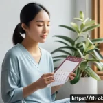 배란테스트기 사용법과 추천 제품 - A serene and thoughtful young Asian woman, mid-20s to early 30s, dressed in comfortable, modest loun...