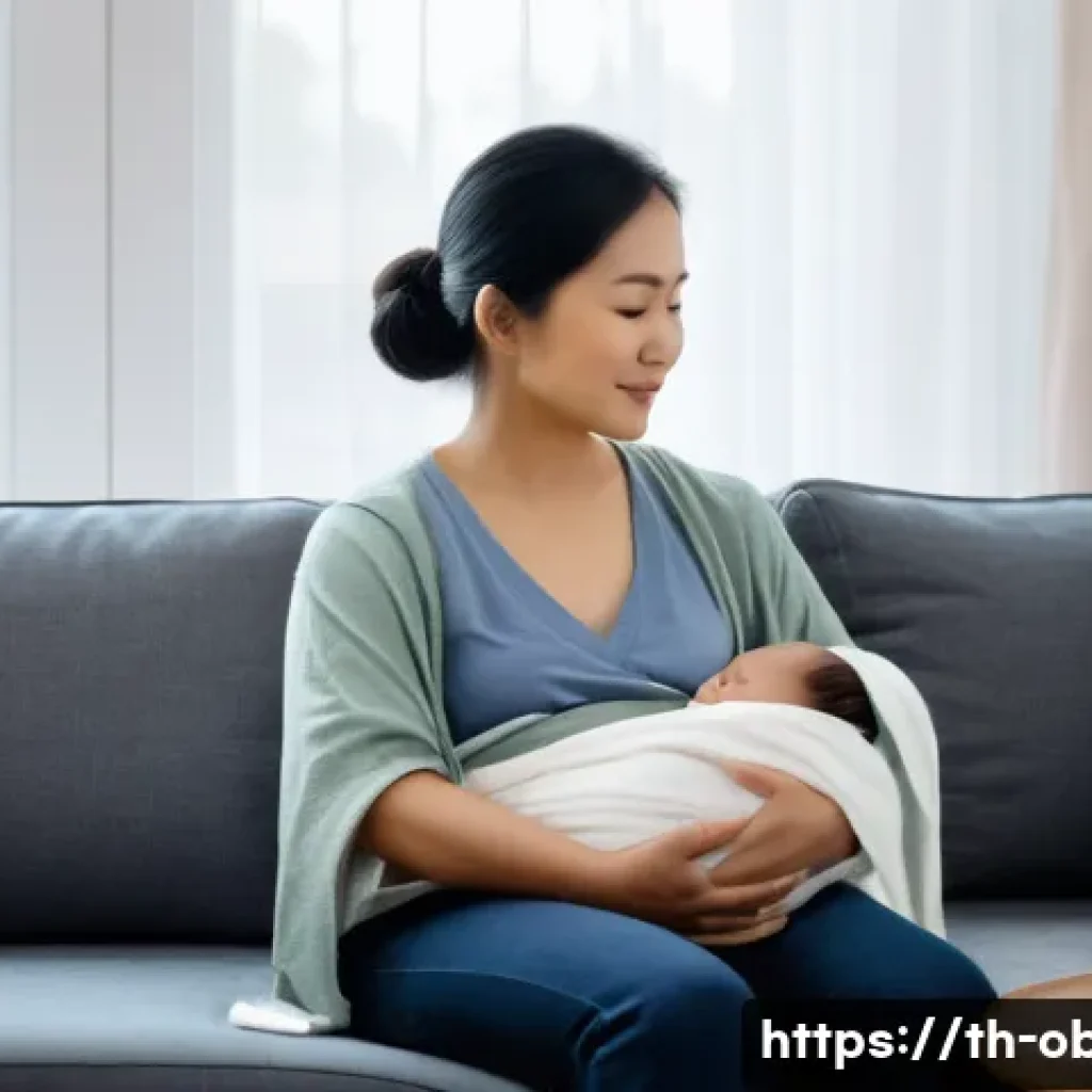 출산 후 자궁 수축 통증과 관리 방법 - A gentle postpartum care scene featuring a Southeast Asian mother sitting comfortably on a soft sofa...
