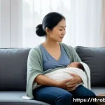 출산 후 자궁 수축 통증과 관리 방법 - A gentle postpartum care scene featuring a Southeast Asian mother sitting comfortably on a soft sofa...