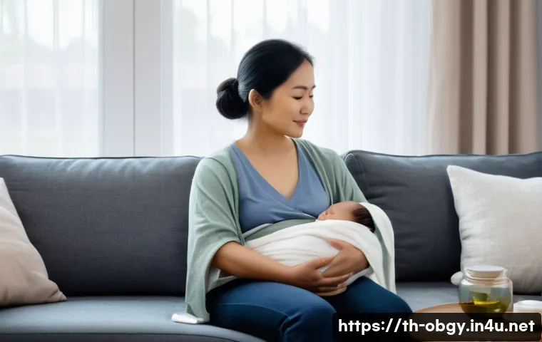 출산 후 자궁 수축 통증과 관리 방법 - A gentle postpartum care scene featuring a Southeast Asian mother sitting comfortably on a soft sofa...