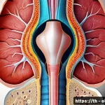 자궁내막증 검사와 진단 과정 - A detailed medical illustration showing the female reproductive system with a focus on abnormal endo...