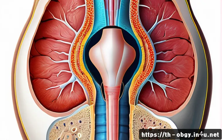 자궁내막증 검사와 진단 과정 - A detailed medical illustration showing the female reproductive system with a focus on abnormal endo...