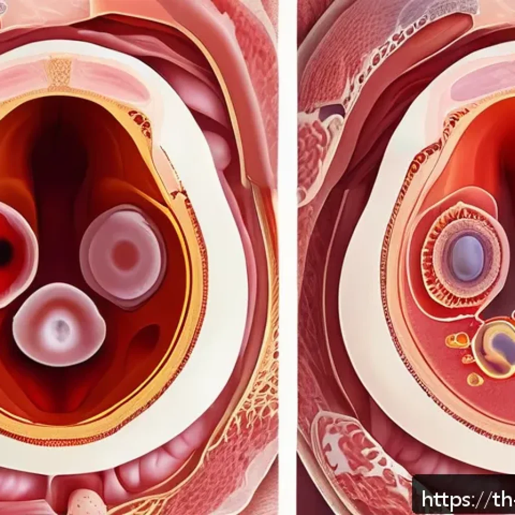 난소 낭종 증상과 치료법 - A detailed medical illustration showing different types of ovarian cysts inside a female pelvis. The...