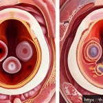 난소 낭종 증상과 치료법 - A detailed medical illustration showing different types of ovarian cysts inside a female pelvis. The...