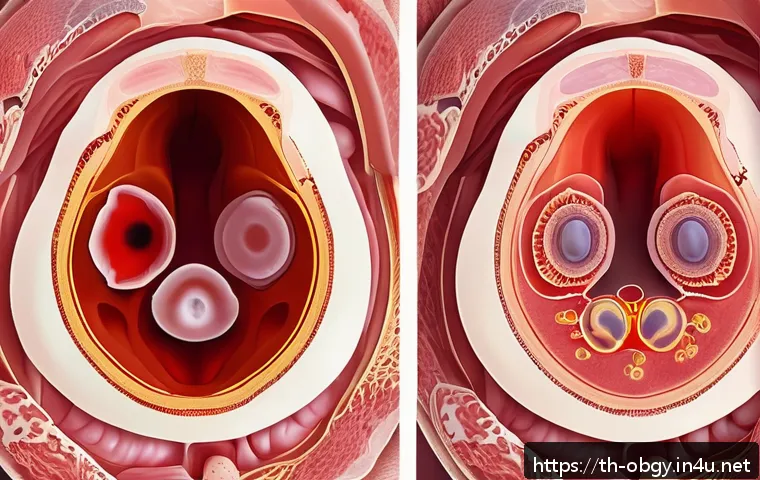 난소 낭종 증상과 치료법 - A detailed medical illustration showing different types of ovarian cysts inside a female pelvis. The...