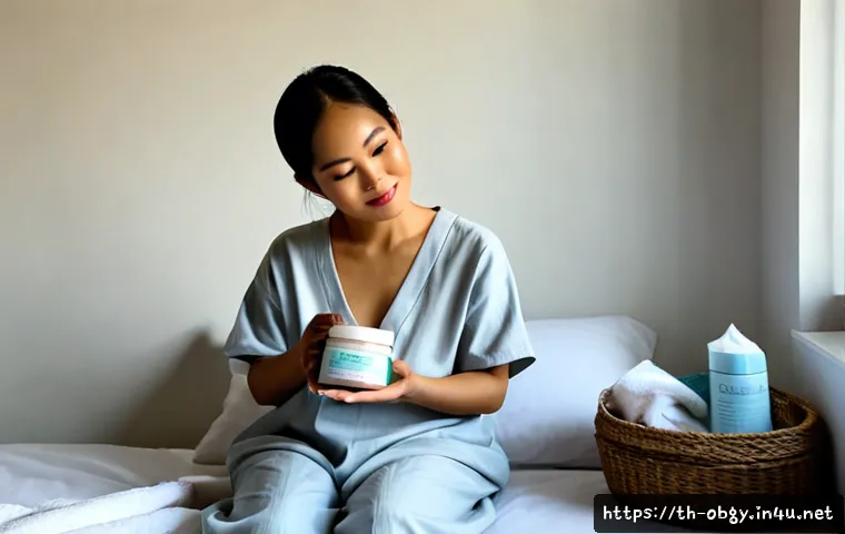Home 17 출산 후 회음부 관리용 크림 추천 - Photorealistic postpartum self-care scene in a bright, serene Thai bedroom, a fully clothed new moth...